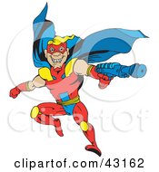 Poster, Art Print Of Flying Super Hero In A Blue Yellow And Red Uniform Holding A Gun