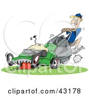 Poster, Art Print Of Man Pushing A Hungry Green Lawn Mower