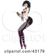 Clipart Illustration Of A Sexy Black Haired Singer With A Microphone On Stage by Dennis Holmes Designs