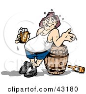 Drunk Man With A Belly Drinking And Leaning Against A Keg
