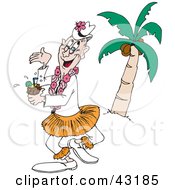 Clipart Illustration Of A Man In A Hula Skirt Drinking A Cocktail Near A Palm Tree