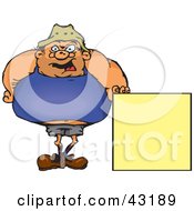 Fat Man Standing And Holding Up A Blank Yellow Sign