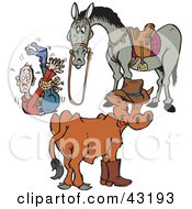 Poster, Art Print Of Cow And Horse With A Tied Up Cowboy