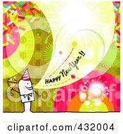 Poster, Art Print Of Stick Man Holding Champagne And Shouting Happy New Year On A Colorful Background