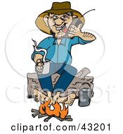 Poster, Art Print Of Man Sitting On A Log And Warming His Feet By A Campfire While Talking On A Cell Phone