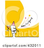 Poster, Art Print Of Stick Man Holding Champagne And Shouting Happy New Year On A Yellow Background