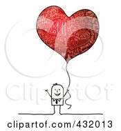 Stick Man Holding A Red Heart Shaped New Year Balloon