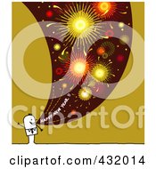 Poster, Art Print Of Stick Man Shouting Happy New Year With Fireworks On Green And White