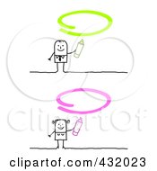 Digital Collage Of A Stick Man And Woman With Green And Pink Ovals