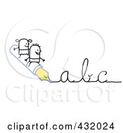 Poster, Art Print Of Stick Boy And Girl Riding On An Ink Pen Writing Abc In Cursive