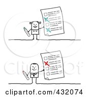 Digital Collage Of A Stick Man And Woman Holding Up Questionnaires
