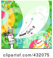 Poster, Art Print Of Stick Man Holding A Flower And Wearing Bunny Ears And Shouting Happy Easter On A Colorful Background