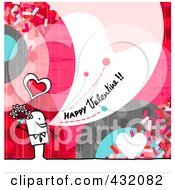 Royalty Free RF Clipart Illustration Of A Stick Man Holding Flowers And Shouting Happy Valentine On A Colorful Background