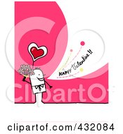 Poster, Art Print Of Stick Man Holding Flowers And Shouting Happy Valentine On A Pink Background