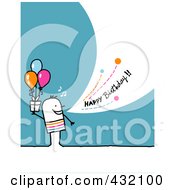 Poster, Art Print Of Stick Man Holding A Gift And Shouting Happy Birthday On A Turquoise Background