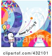 Stick Man Holding A Gift And Shouting Happy Birthday On A Colorful Background
