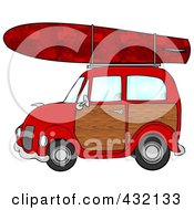 Poster, Art Print Of Red Woody Car With A Red Starry Surfboard On The Roof