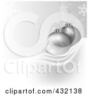 Royalty Free RF Clipart Illustration Of A Silver Christmas Background Of Two Snowflake Baubles On Snow With Snowflakes