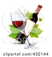 Royalty Free RF Clipart Illustration Of A Tilted Glass Of Red Wine With A Wine Bottle And Grape Leaves by Oligo #COLLC432144-0124