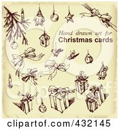 Royalty Free RF Clipart Illustration Of A Digital Collage Of Sketched Christmas Baubles Bows And Gifts In Sepia Tone
