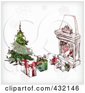 Poster, Art Print Of Sketched Christmas Scene Of Gifts And A Tree Near A Hearth With Stockings And Snowflakes