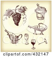 Digital Collage Of Sketched Grapes And Wine Tools In Sepia Tone