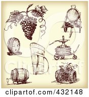 Digital Collage Of Sketched Grapes And Wine Making Tools In Sepia Tone