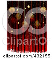 Poster, Art Print Of Red Christmas Background Of Vertical Stripes White Snow Grunge Golden Stars And Baubles