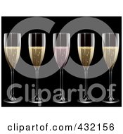 Royalty Free RF Clipart Illustration Of A Row Of Four Glasses Of Traditional Champagne And One Glass Of Pink Champagne