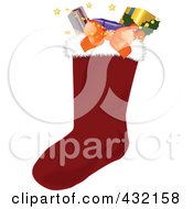 Poster, Art Print Of Red Bow On A Christmas Stocking Stuffed With Wrapped Gifts