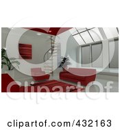 Poster, Art Print Of 3d Living Room Interior With Red Couches And A Spiral Staircase