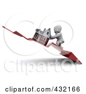 Poster, Art Print Of 3d White Character Trying To Push Up A Home On A Declining Arrow
