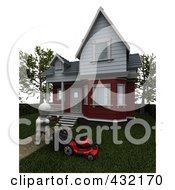 Poster, Art Print Of 3d White Character Mowing The Lawn In Front Of His Home