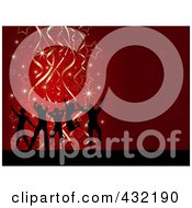 Royalty Free RF Clipart Illustration Of A Red Background Of Silhouetted Dancers Over Red With Stars And Golden Ribbons
