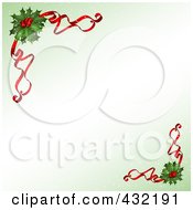 Poster, Art Print Of Corners Of Red Ribbon And Christmas Holly With Gradient Green And Copyspace