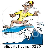 Clipart Illustration Of A Happy Surfer Dude Riding A Blue Wave