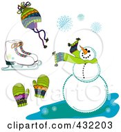 Poster, Art Print Of Digital Collage Of Ice Skates A Hat Mittens Snowflakes And A Snowman