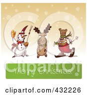 Poster, Art Print Of Sketched Snowman Reindeer And Bear Above A Merry Christmas Greeting On Sepia With Snowflakes