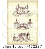 Royalty Free RF Clipart Illustration Of A Digital Collage Of Three Chateaus On Sepia