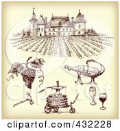 Poster, Art Print Of Digital Collage Of Winery Items With A Vineyard On Sepia - 1