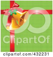 Royalty Free RF Clipart Illustration Of Christmas Bells With Holly A Red Bow And Ribbon Over Green Wrapping Paper