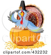 Pilgrim Turkey In A Halved Pumpkin On Autumn Leaves