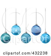 Poster, Art Print Of Background Of Patterned Blue Glass Christmas Balls Suspended From Silver Chains