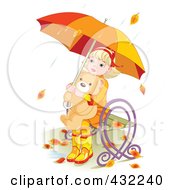 Poster, Art Print Of Blond Girl Sitting On A Bench In The Autumn Rain And Hugging A Teddy Bear