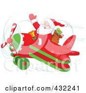 Poster, Art Print Of Royalty-Free Rf Clipart Illustration Of Santa Waving And Holding A Bell While Flying A Biplane