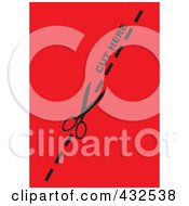 Poster, Art Print Of Pair Of Scissors Cutting On The Dotted Line Over Red