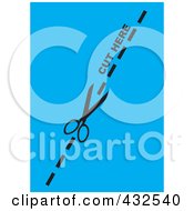 Poster, Art Print Of Pair Of Scissors Cutting On The Dotted Line Over Blue