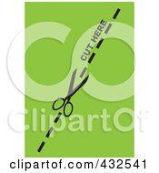 Poster, Art Print Of Pair Of Scissors Cutting On The Dotted Line Over Green