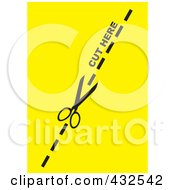 Royalty Free RF Clipart Illustration Of A Pair Of Scissors Cutting On The Dotted Line Over Yellow