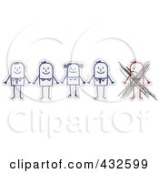 Crossed Out Mad Stick Man By A Group Of Stick People Holding Hands On Graph Paper